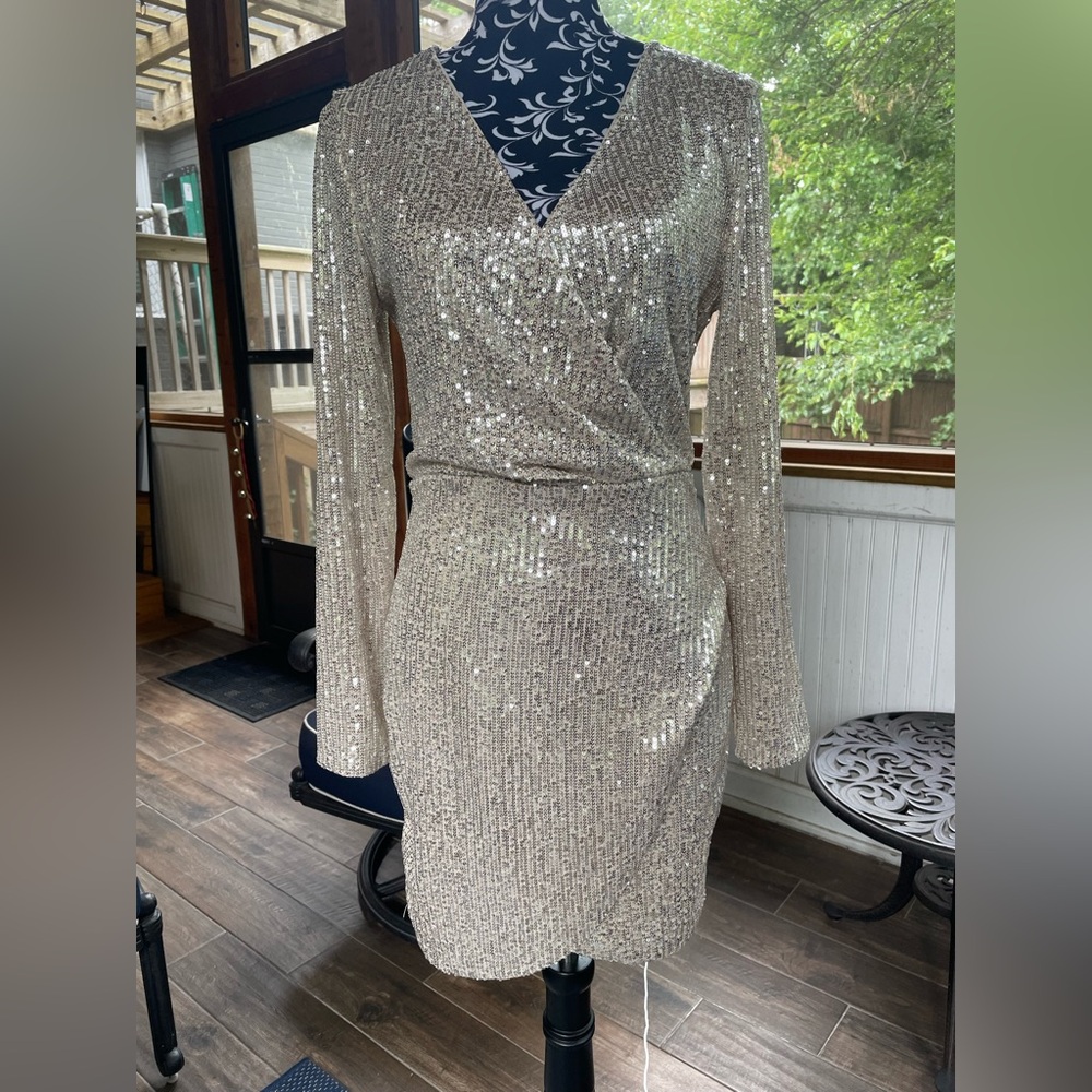 NWOT CBR Silver Sequin Ruched Wrap Dress
